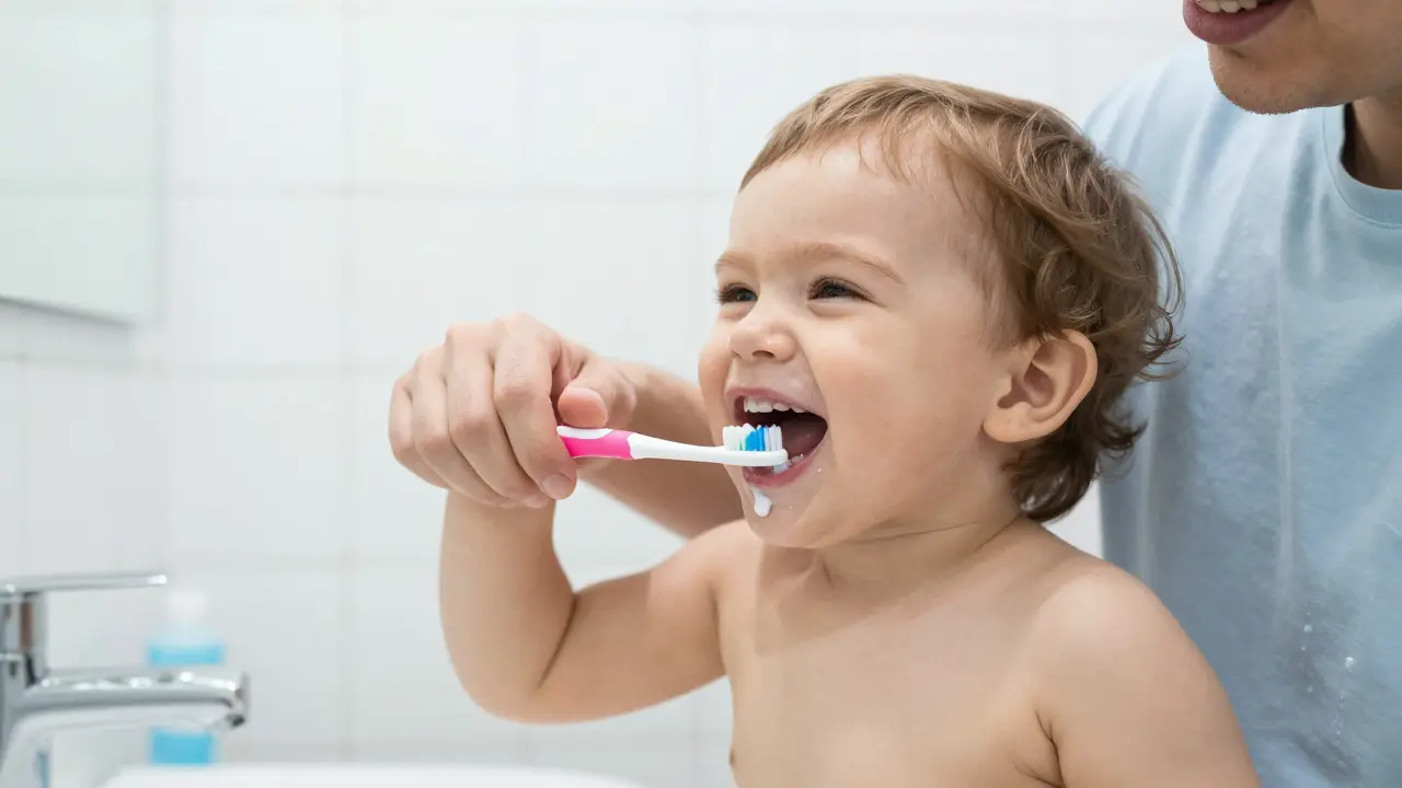 Rodič jemně čistí zuby malého dítěte s dětským kartáčkem v koupelně.