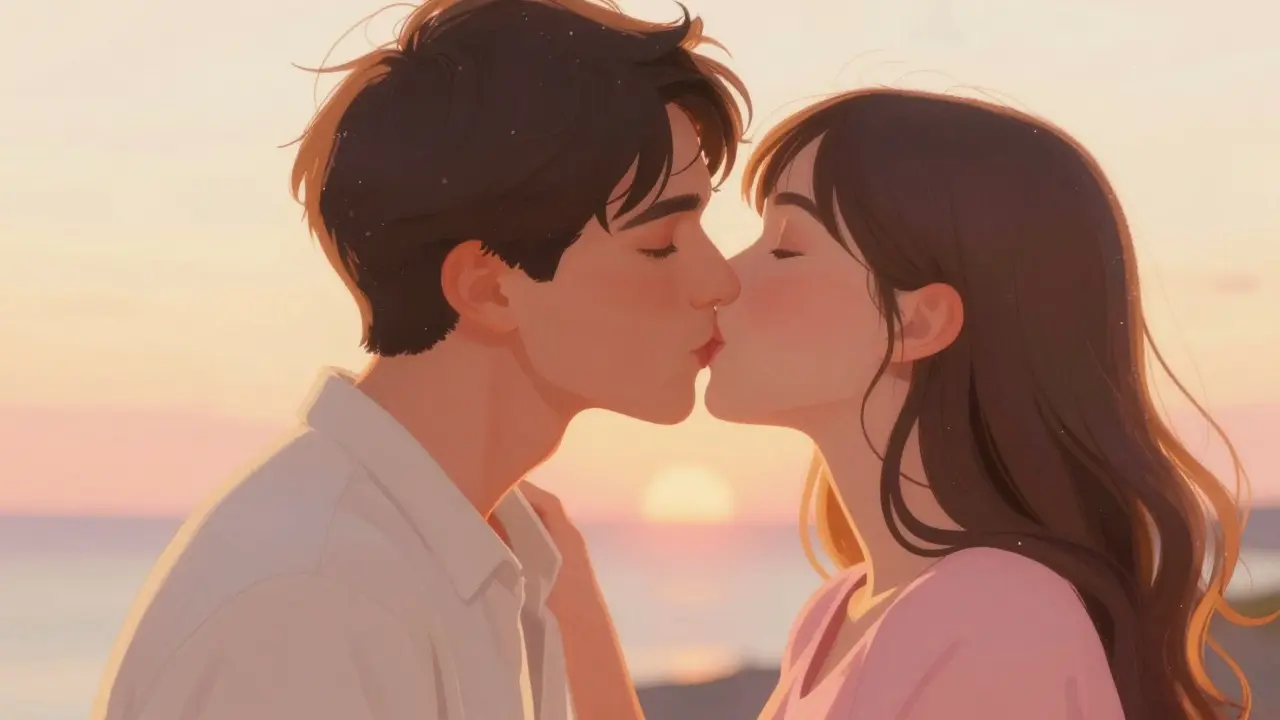 Romantický pár se přichystává k prvnímu polibku v teplém světle zapadajícího slunce.