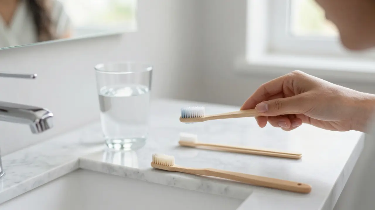 Sada jemných zubních a mezizubních kartáčků na koupelnové poloce pro šetrnou hygienu.