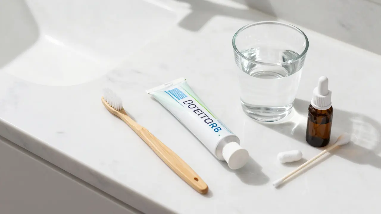 Sada pro dentální hygienu: měkký kartáček, mezizubní kartáček a hřebíčkový olej.