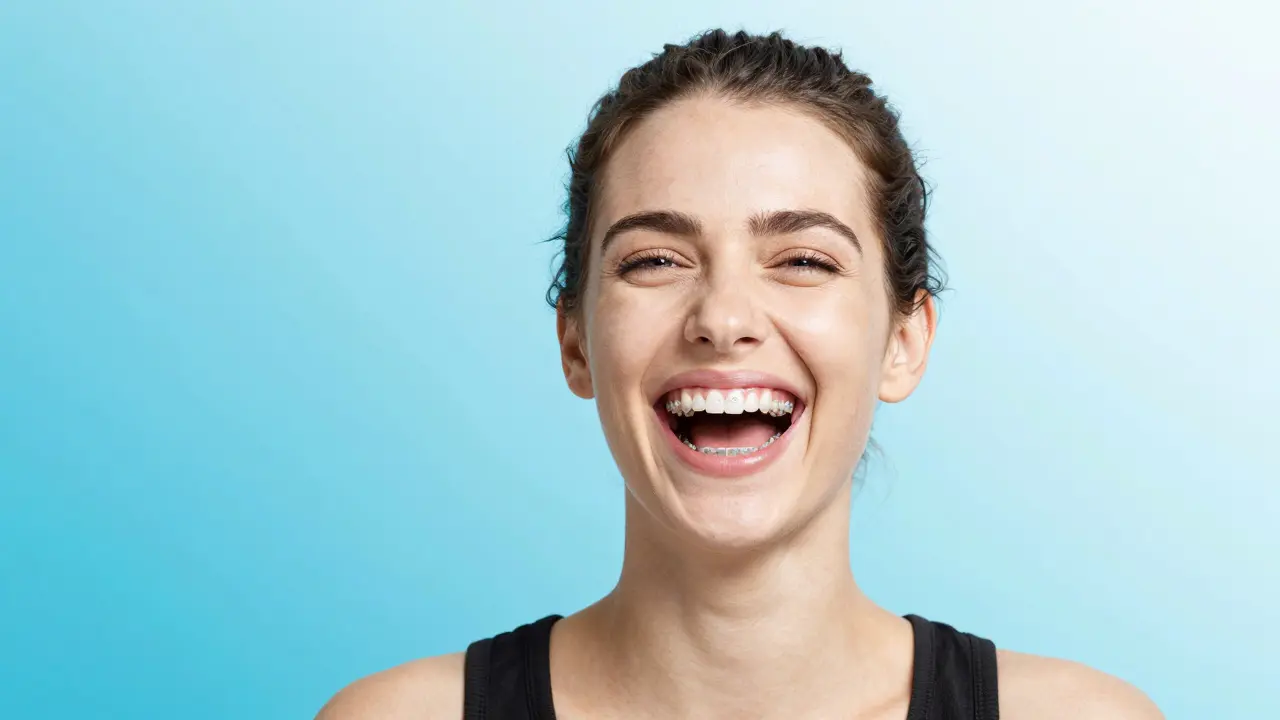  sebevědomý člověk se široce a radostně směje s rovnými a bílými zuby.