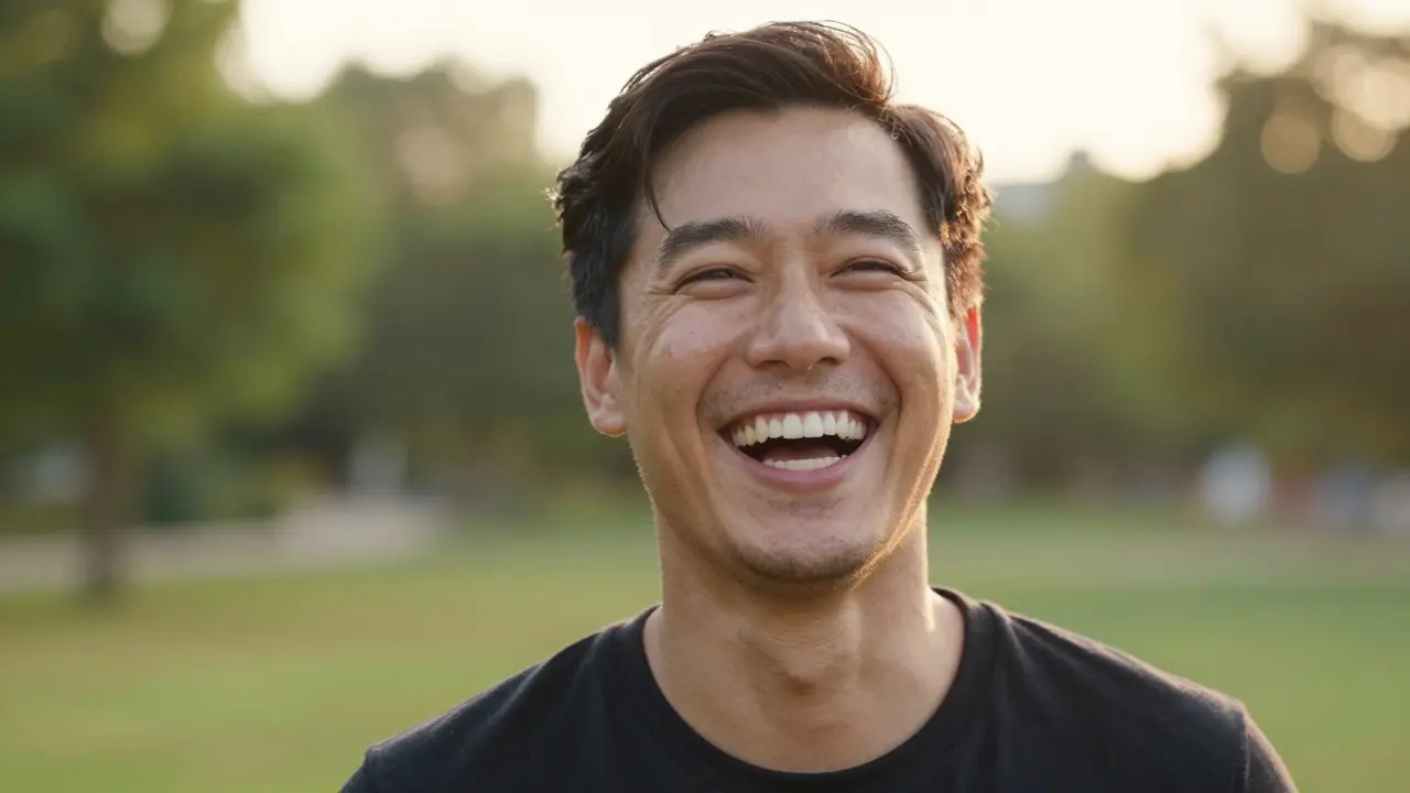 Šťastná osoba se sebevěrným a přirozeným úsměvem na slunci.