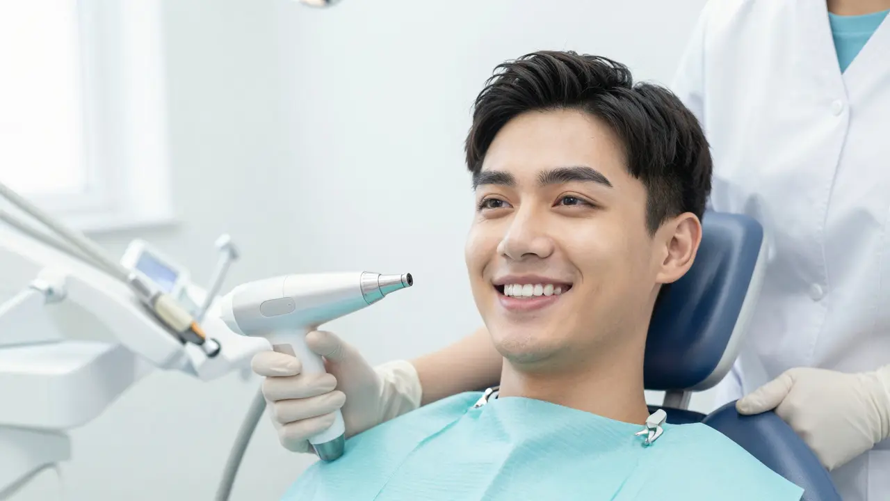 Usměvavý pacient v moderní zubní ordinaci po profesionálním čištění zubů.