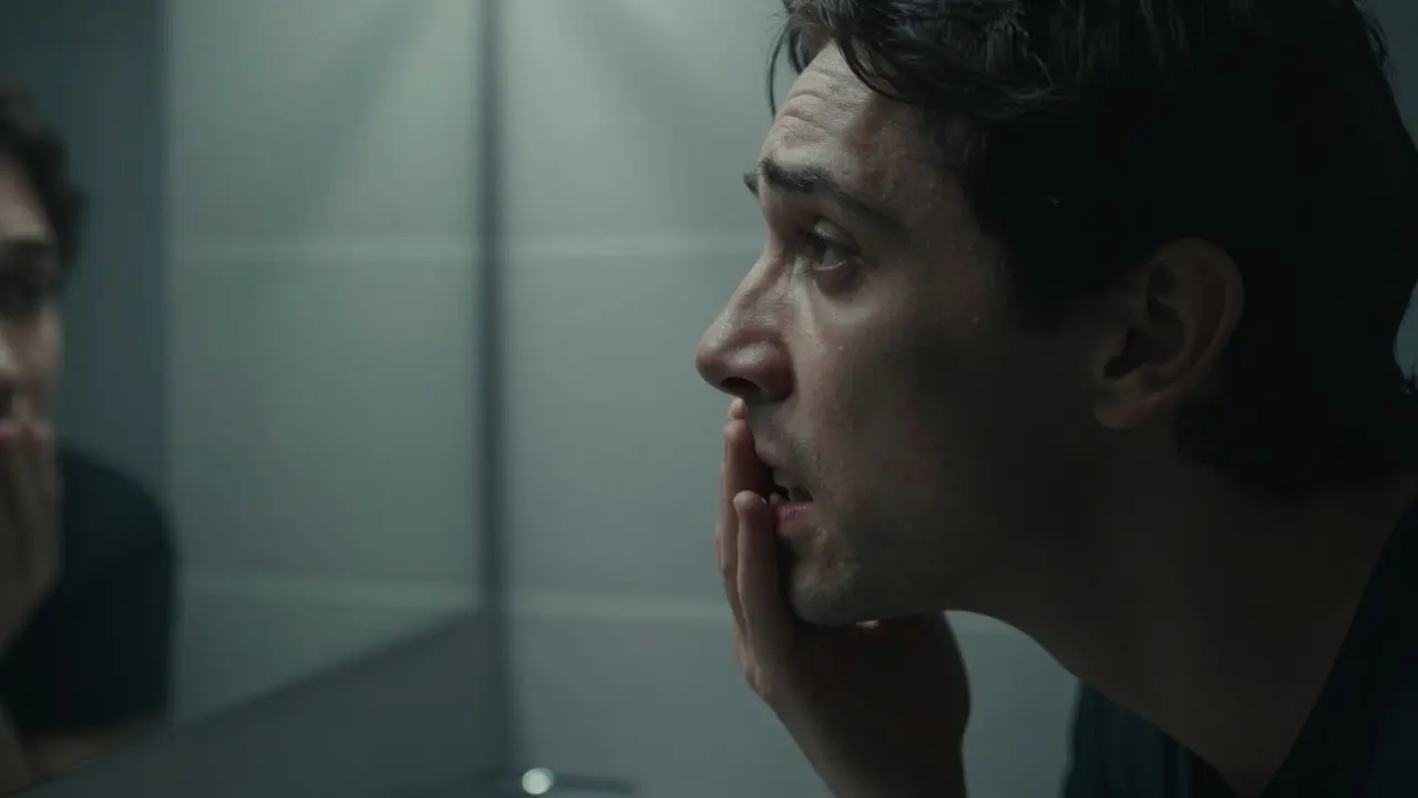 Zamyšlený člověk u zrcadla s napnutou čelistí, znázornující stres a vliv bruxismu.