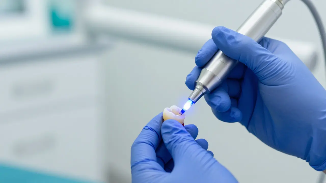 Zubní lékař ztvrdí bílou kompozitní plombu pomocí modrého světla.