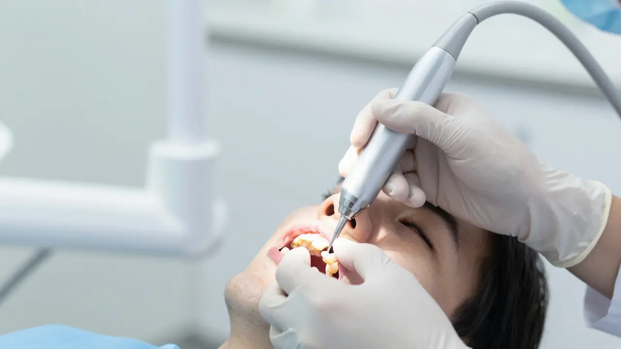 Dentista provádí hloubkové čištění zubů pomocí ultrazvukového nástroje