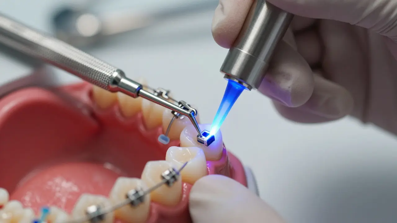 Detailní záběr montáže kovového brzku na zub s polymerizační lampou