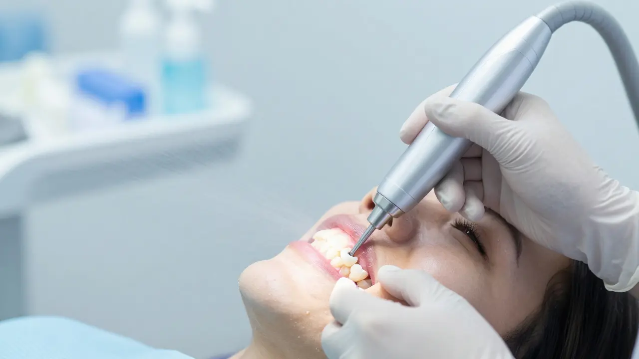 Hygienista čistí zuby ultrazvukovým skalérem v ordinaci