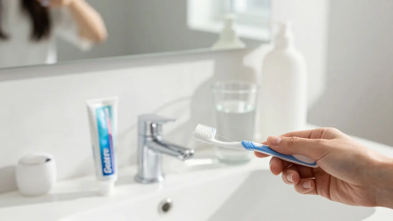 Mezizubní štětce a nitka pro prevenci kazu na koupelnovém pultu