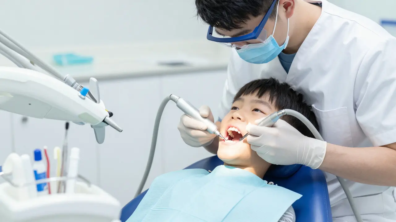 Pediatrický dentista provádí profesionální čištění dětských zubů