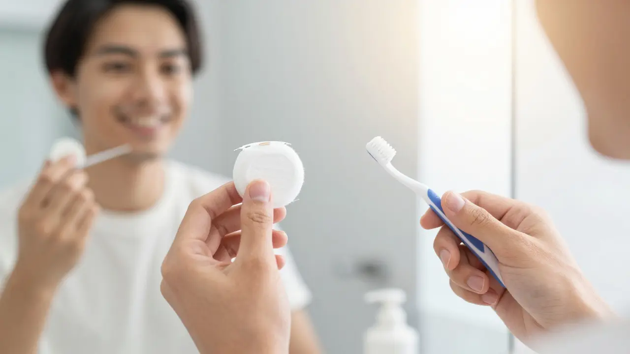 Ruce držící zubní nitku a mezizubní kartáček pro prevenci