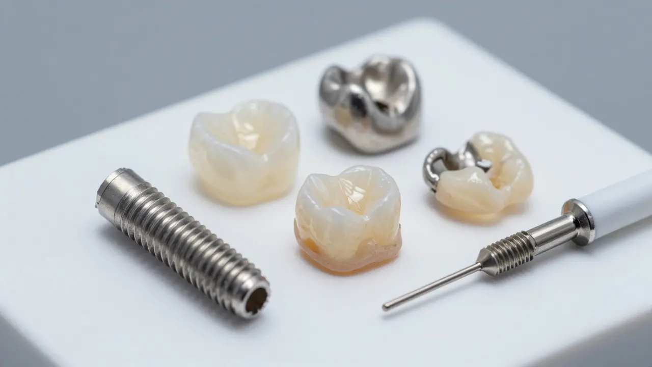 Různé materiály zubních korunek a implantátů na stole