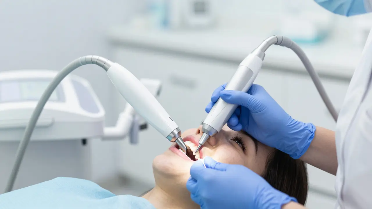 Stomatolog používá ultrazvukový scaler pro čištění zubů