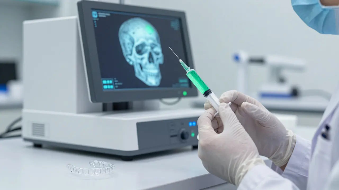 Zubní laboratoř s injekcí kmenových buněk a 3D modelem čelisti na pozadí