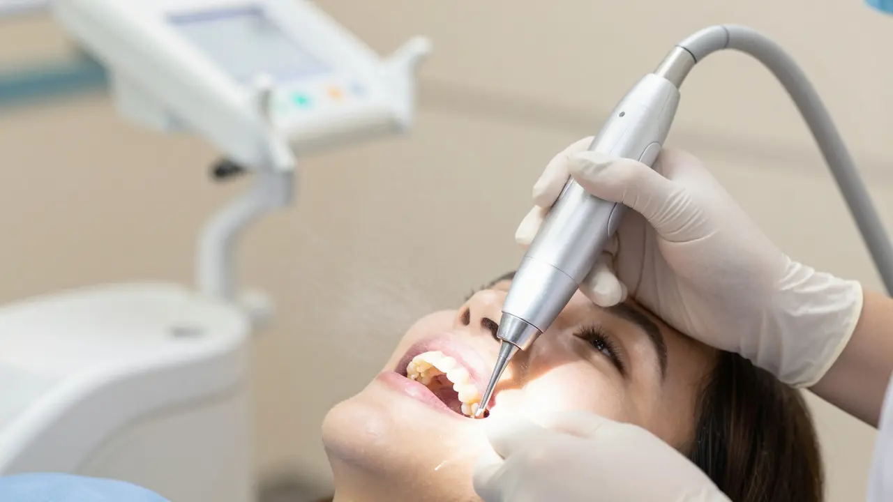 Dentální hygienista čistí zuby ultrazvukovým skalpem