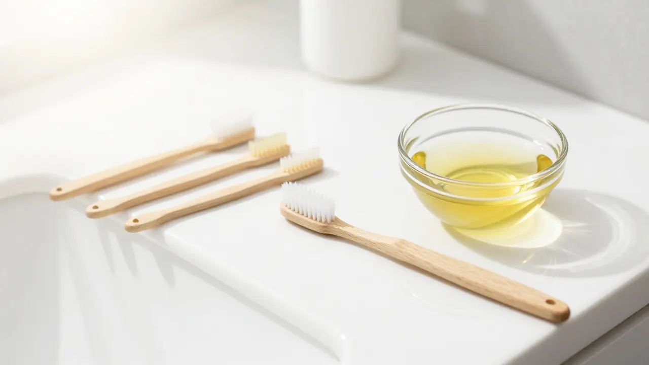 Hygienické pomůcky: kartáček, mezizubní štětečky a kokosový olej