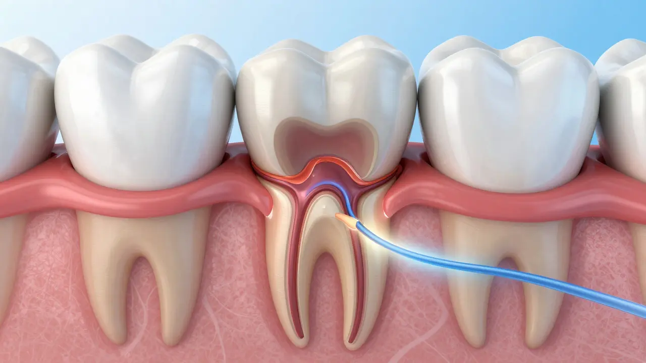 Ilustrace zubního kazu v dentinu ovlivňujícího nervové zakončení