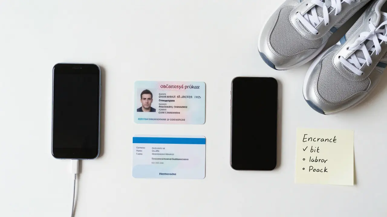 Minimalistická sada nutností na pohotovost: doklady, telefon a pohodlná obuv