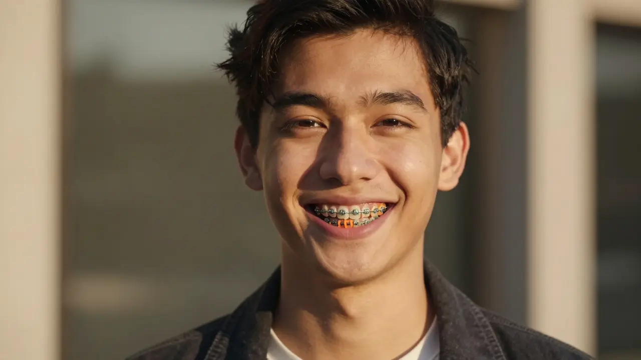 Spokojený člověk usmívá se s barevnými gumíčkami na rovnátkách