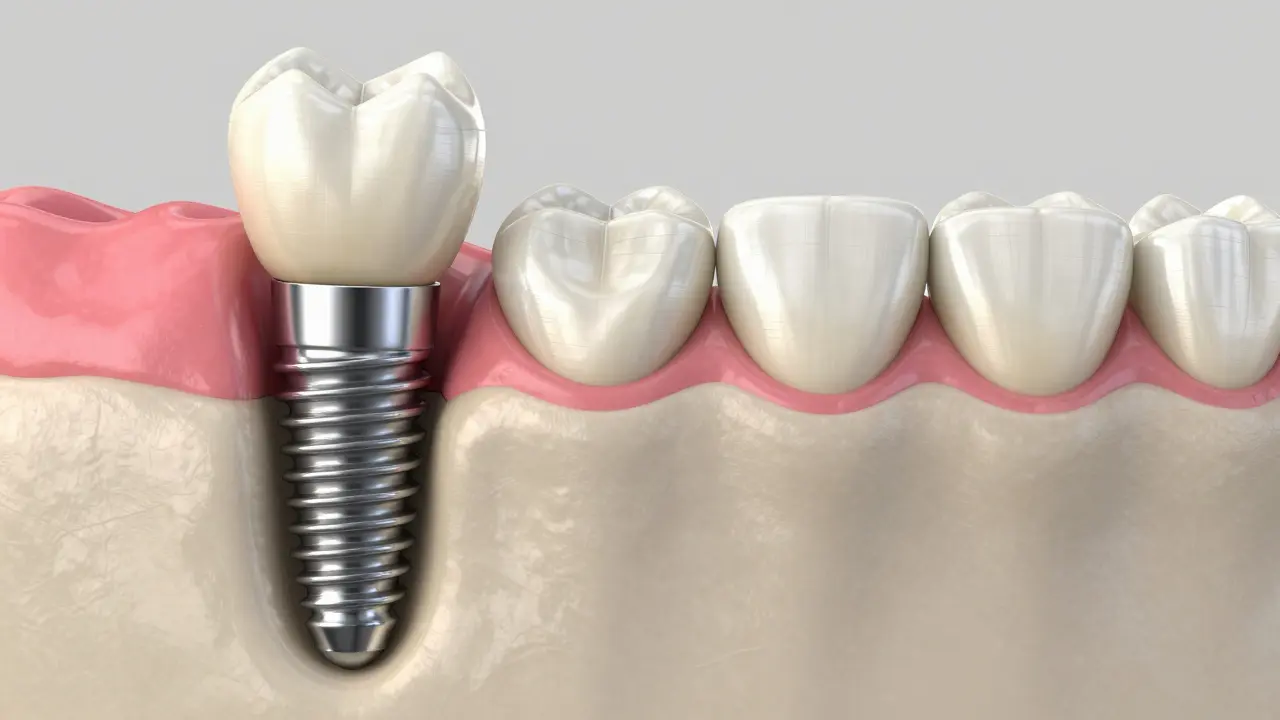 Srovnávací ilustrace zubního implantátu s uchováním kosti oproti mostu s atrofií kosti.