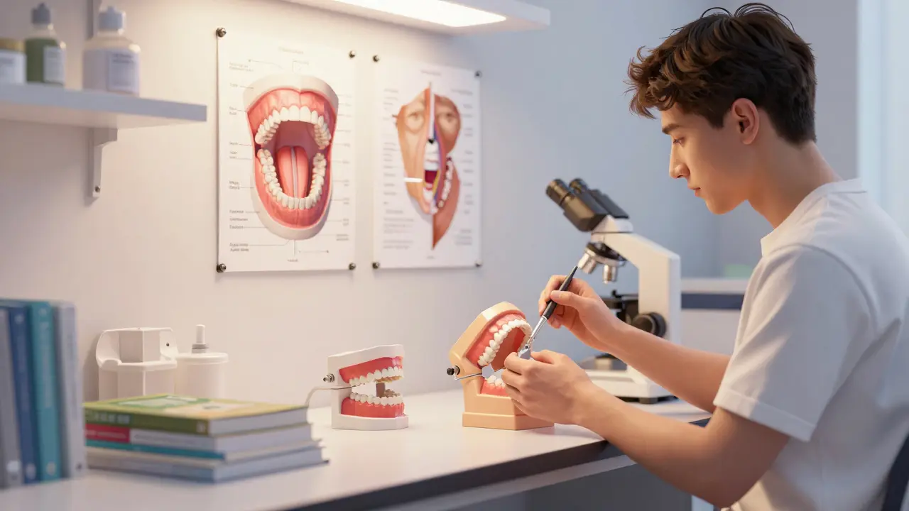 Student dentální hygieny procvičuje dovednosti na modelu