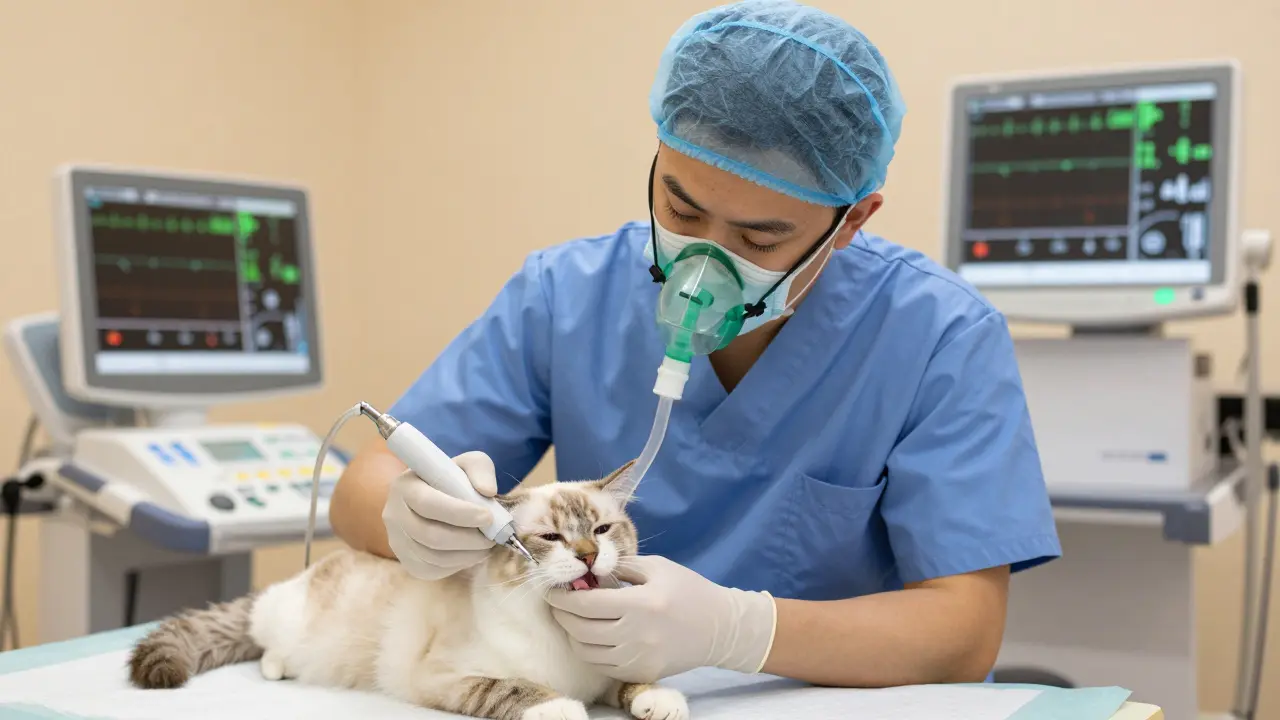 Veterinární čištění zubů kočky pod narkózou