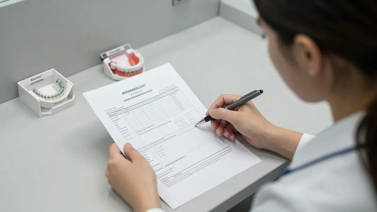 Žena přezkoumává fakturu za rovnátka u zubního lékaře