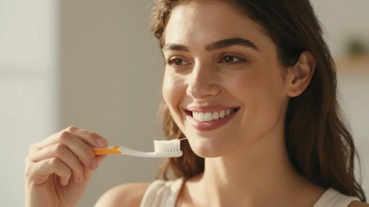 Žena s přirozeným úsměvem drží kartáček, symbolizující úspěšnou léčbu a hygienu.