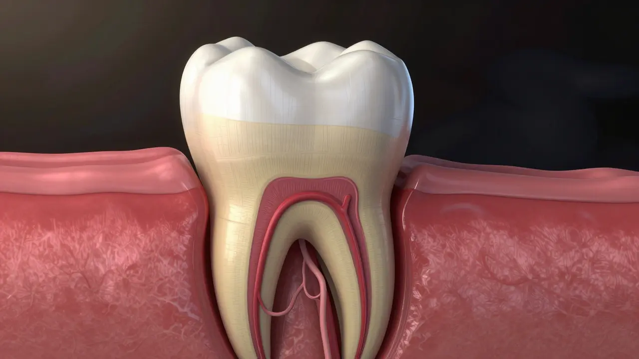 Křížový průřez stoličky ukazující email, dentin a nervovou pulpu