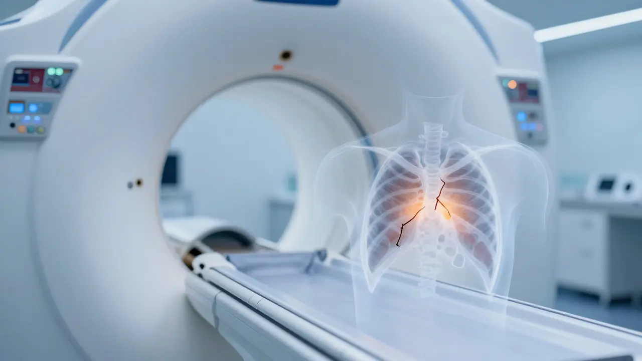 MRI skener zobrazující diagnostiku tichého prasknutí implantátu