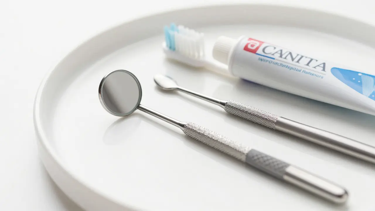 Nerezové dentální zrcátko s ergonomickou rukojetí na čistém povrchu