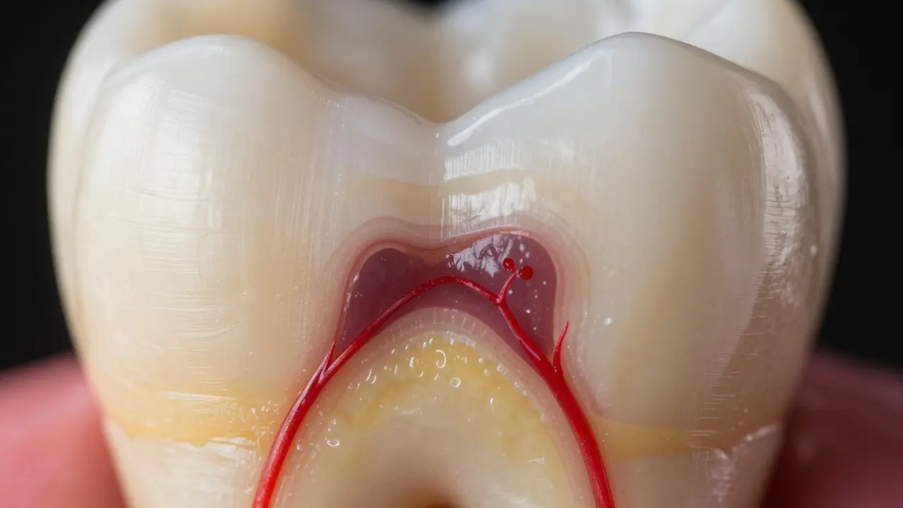 Příčný řez zubem ukazující email, dentin a pulpu s nervy
