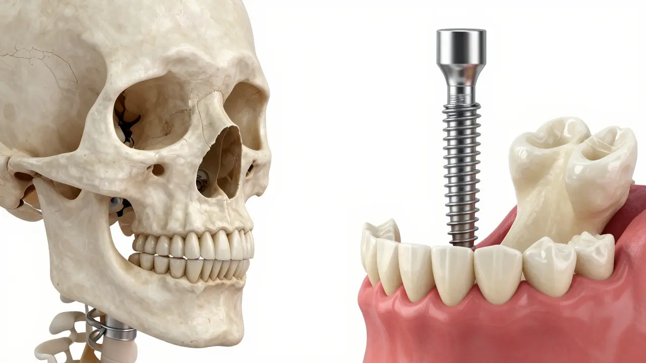Srovnání kosti s úbytkem a zdravé kosti s implantátem
