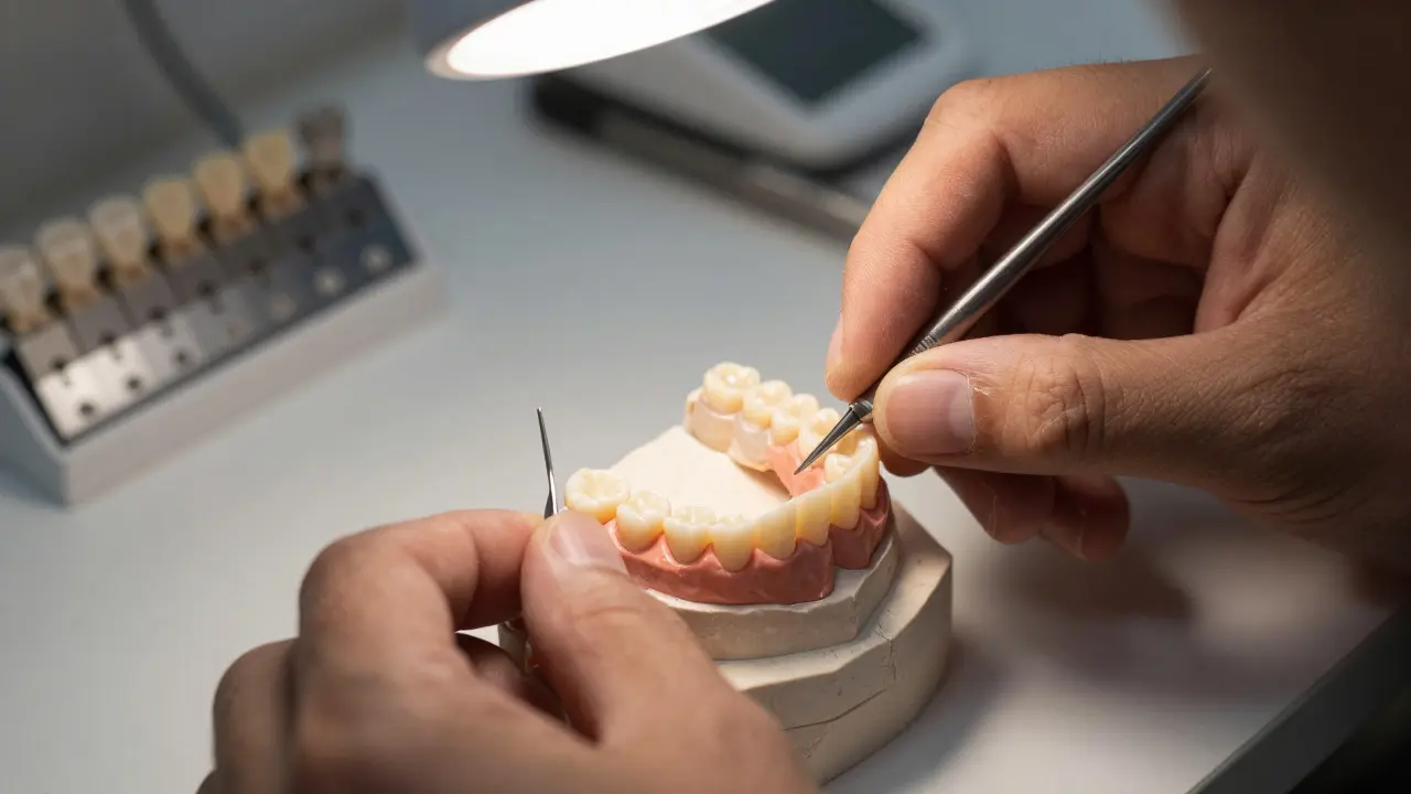 Technik uspořádává zuby do voskového modelu v laboratoři