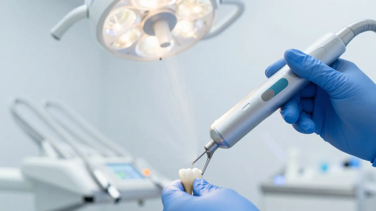 Ultrazvukový škrabek čistí zub při profesionální hygieně v ordinaci