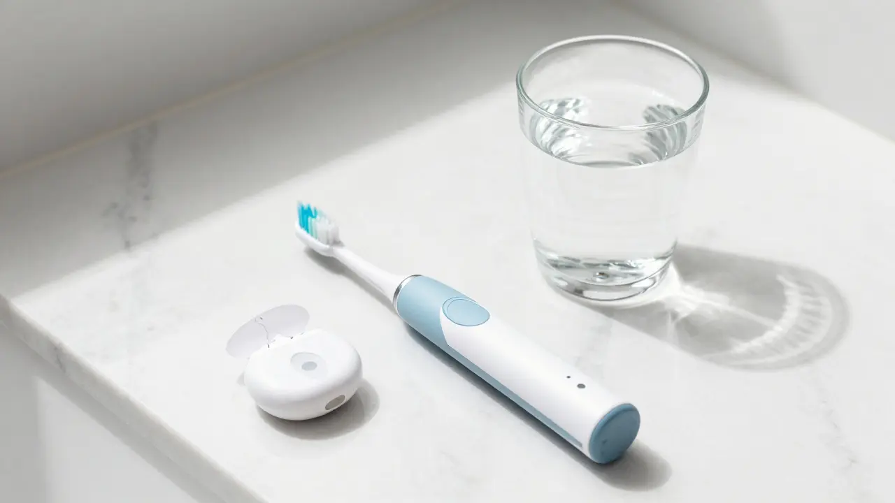 Zubní kartáček, nit a voda pro prevenci zubního kamene