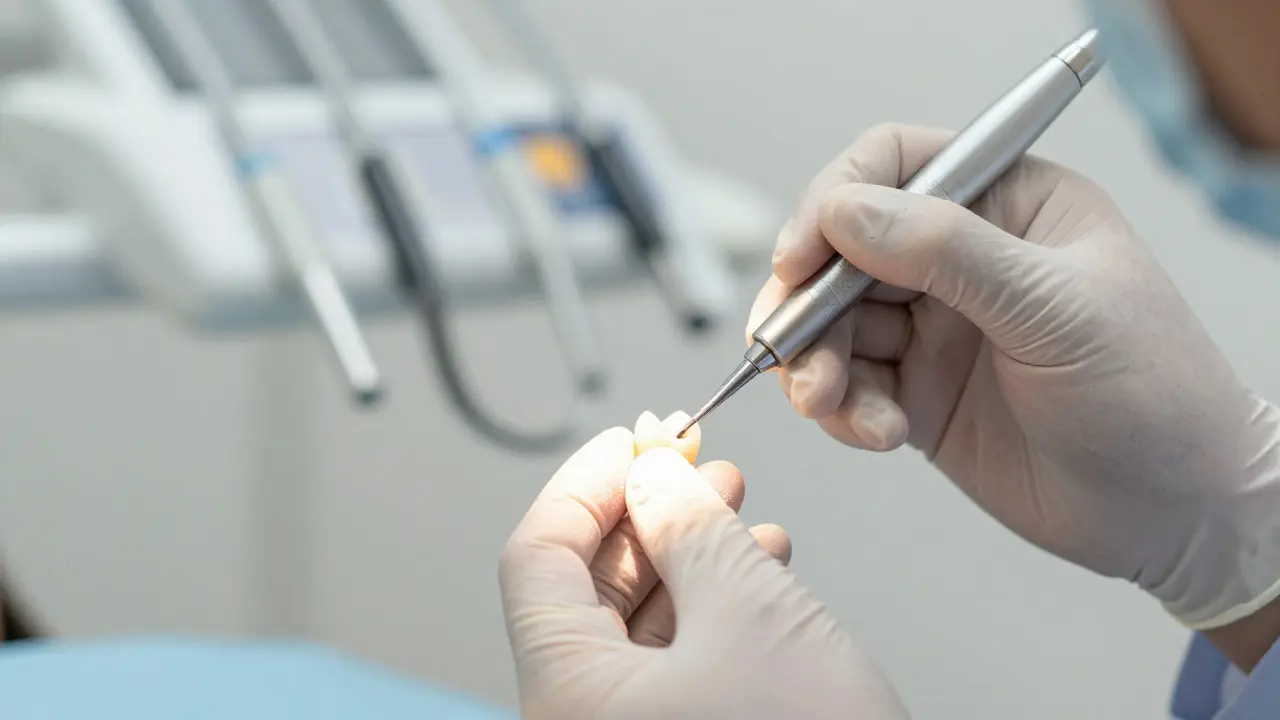Zubní lékař upravuje výplň v kapsli implantátu