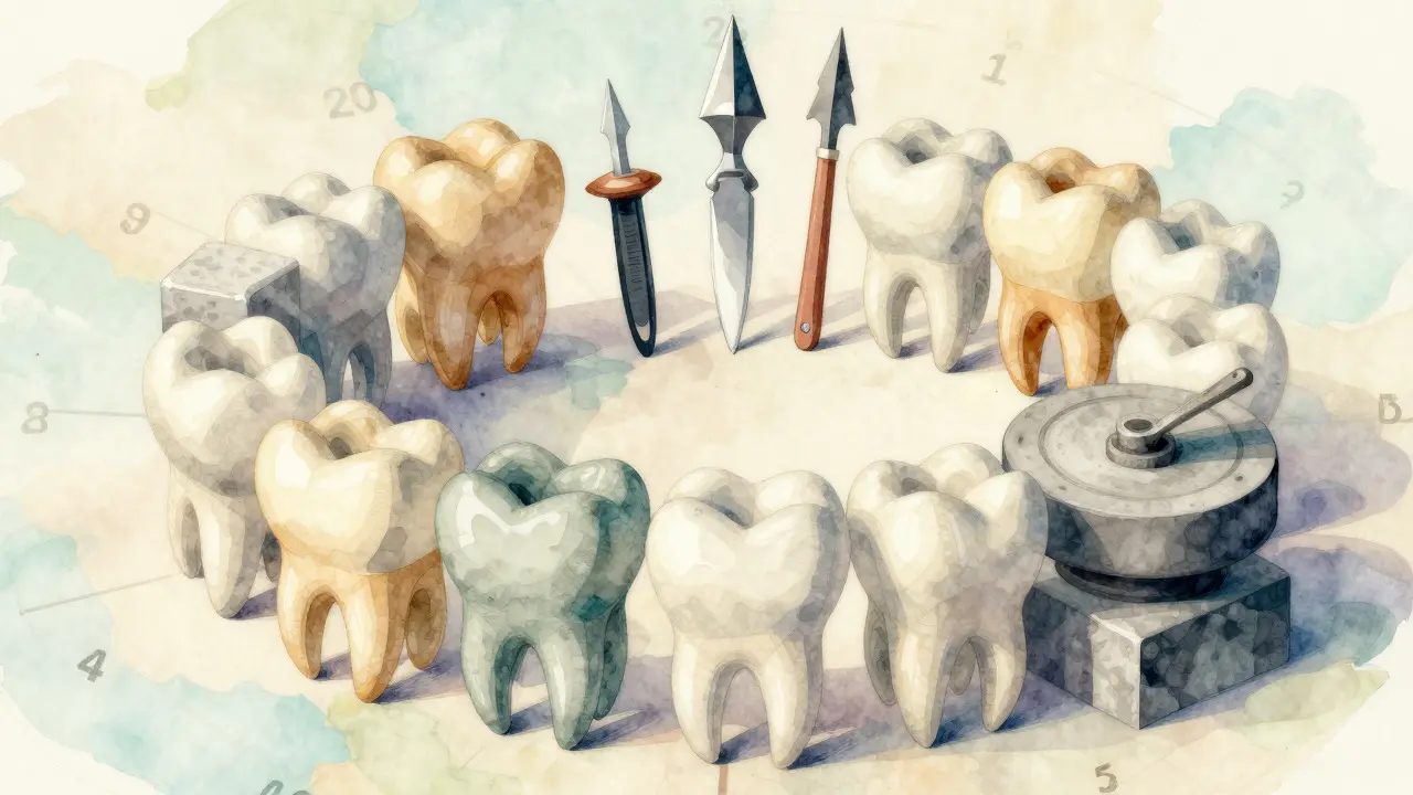 Abstraktní ilustrace zobrazující různé typy zubů jako symbolické předměty uspořádané do kruhu