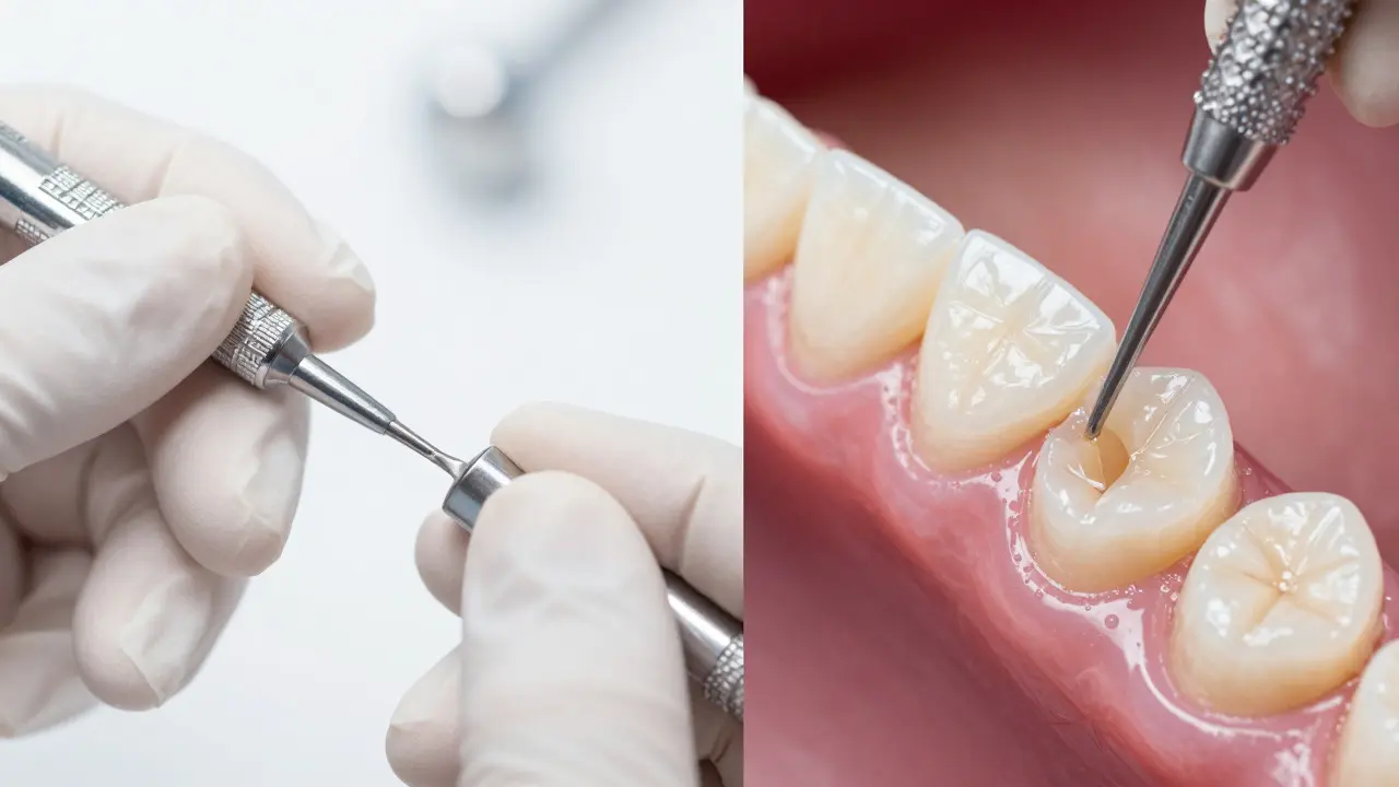 Detailní záběr na odstranění staré plomby a aplikaci nové kompozitní výplně