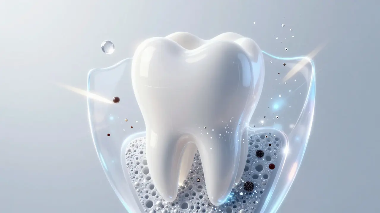 Konceptuální ilustrace ochrany emailu zubů pomocí minerálů a fluoridu
