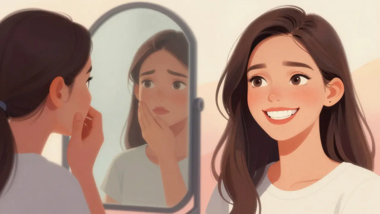 Konceptuální ilustrace sebevědomí před a po estetické úpravě zubů