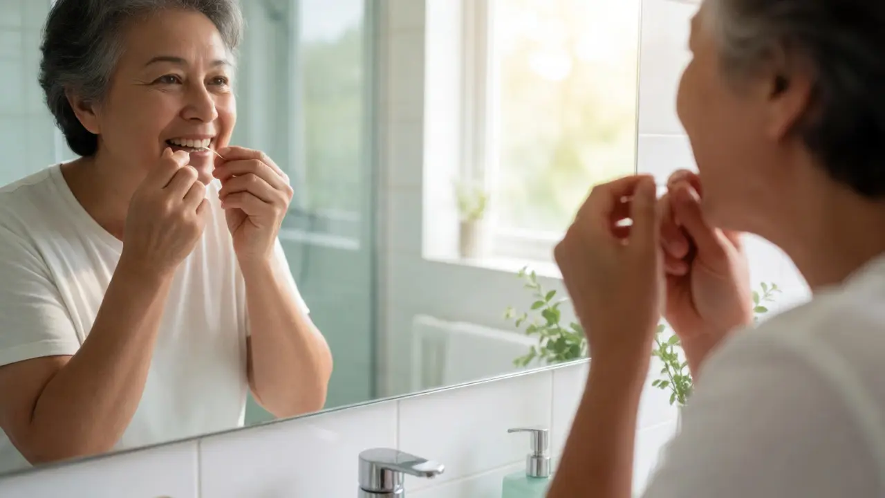 Osoba používající dentální nit pro prevenci problémů s dásněmi