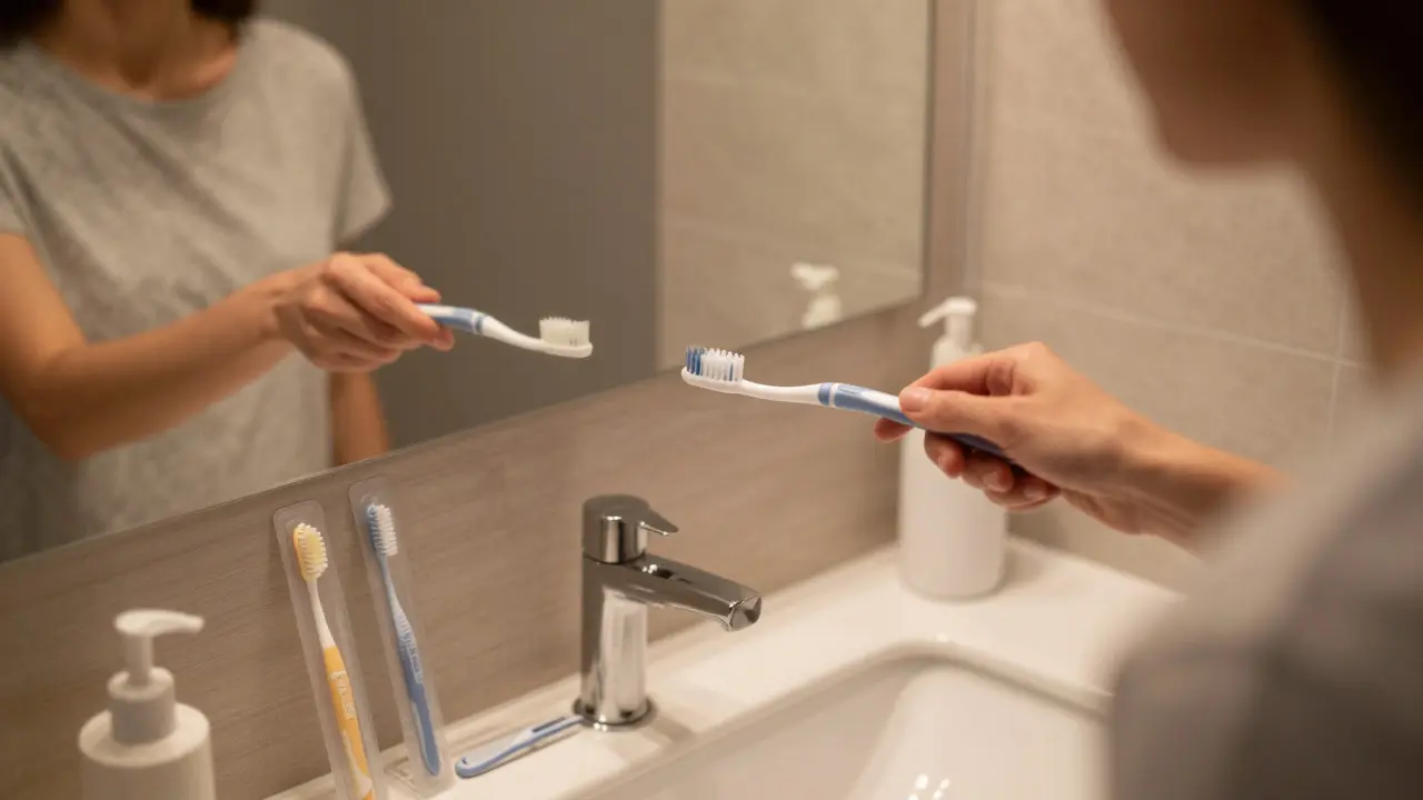 Person using an interdental brush in a bathroom setting