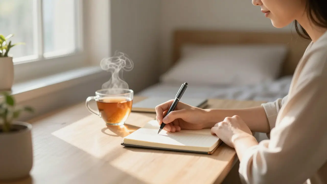 Person writing in a journal at a sunlit desk in the morning