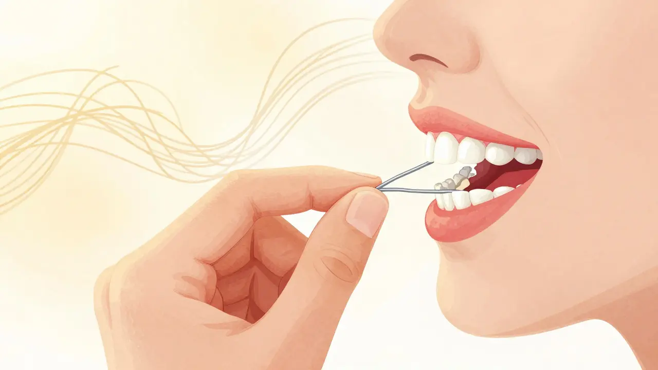 Ruka drží retainer u úst, symbolizující udržení výsledku rovnání zubů