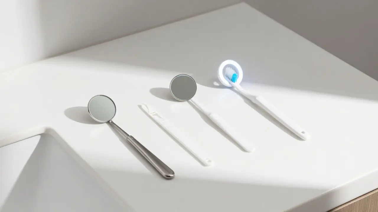 Různé typy dentálních zrcátek vedle kartáčku na bílém povrchu