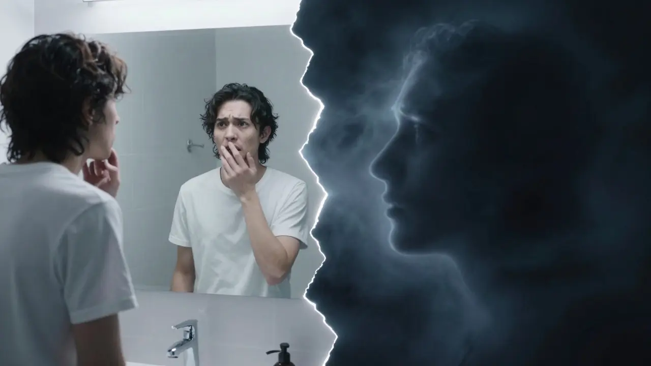 Split view of a person checking their reflection and facing shadowy figures