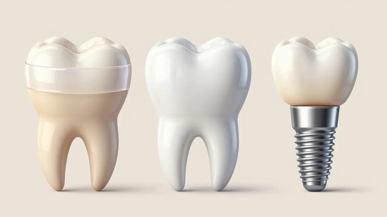 Srovnání zubních fazet, korun a implantátů pomocí vizuální ilustrace struktury