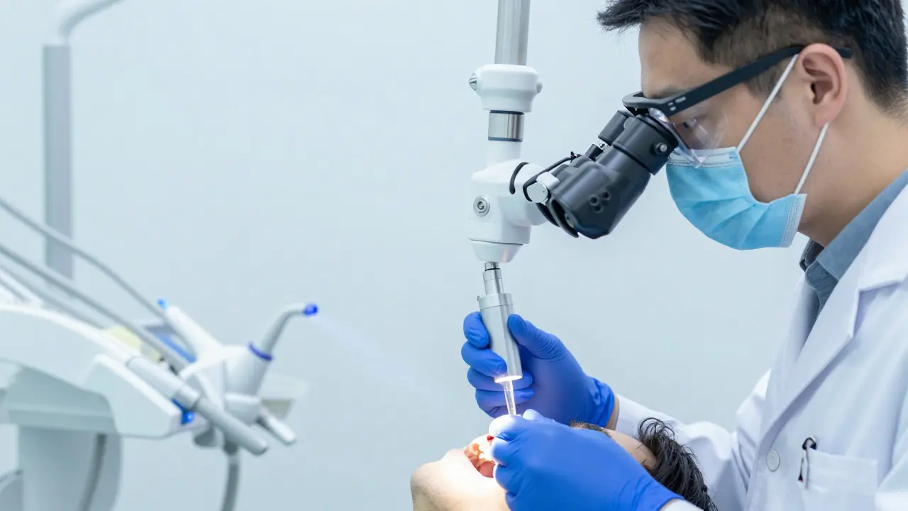 Zubní lékař diagnostikuje prasklinu pomocí mikroskopu