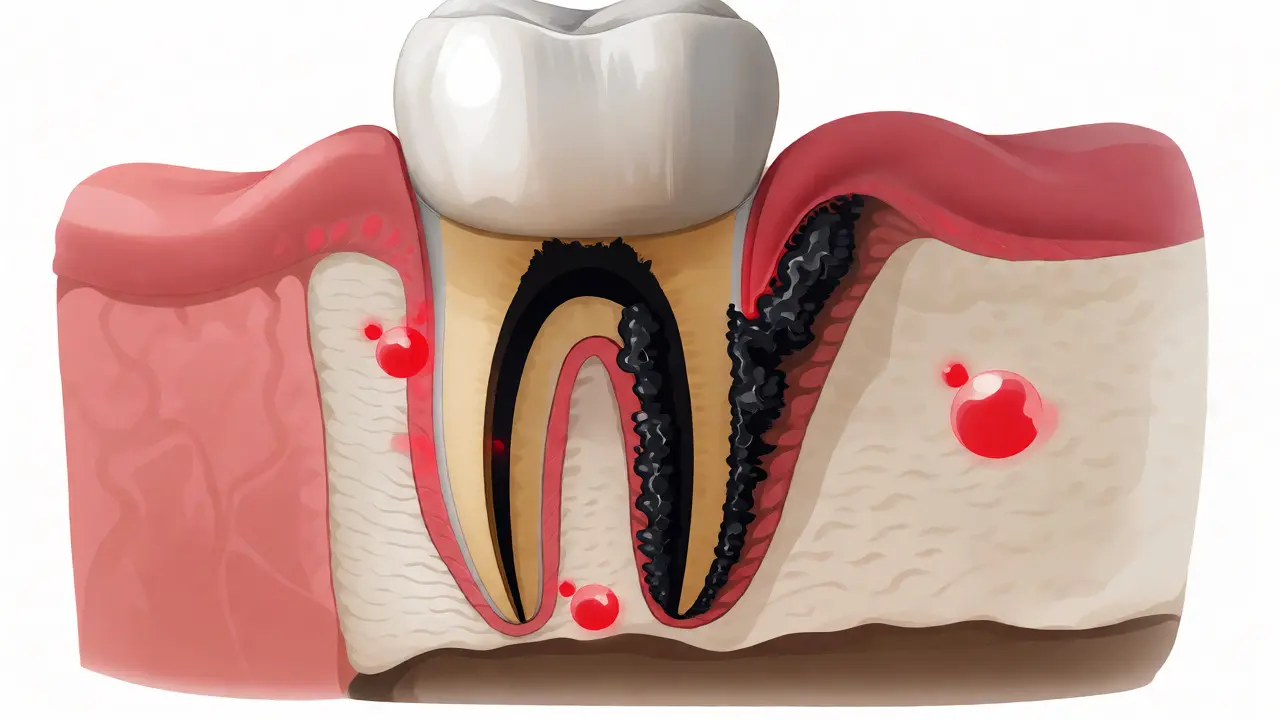 Anatomický řez zuby ukazující vnikání kamene pod dásen